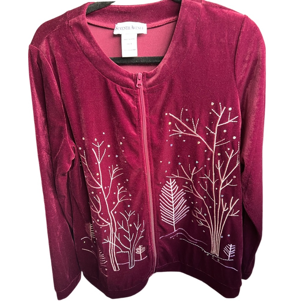Seventh Avenue Velvet Embroidered Lounge Set 2-Piece Zip Jacket & Pants Burgundy
